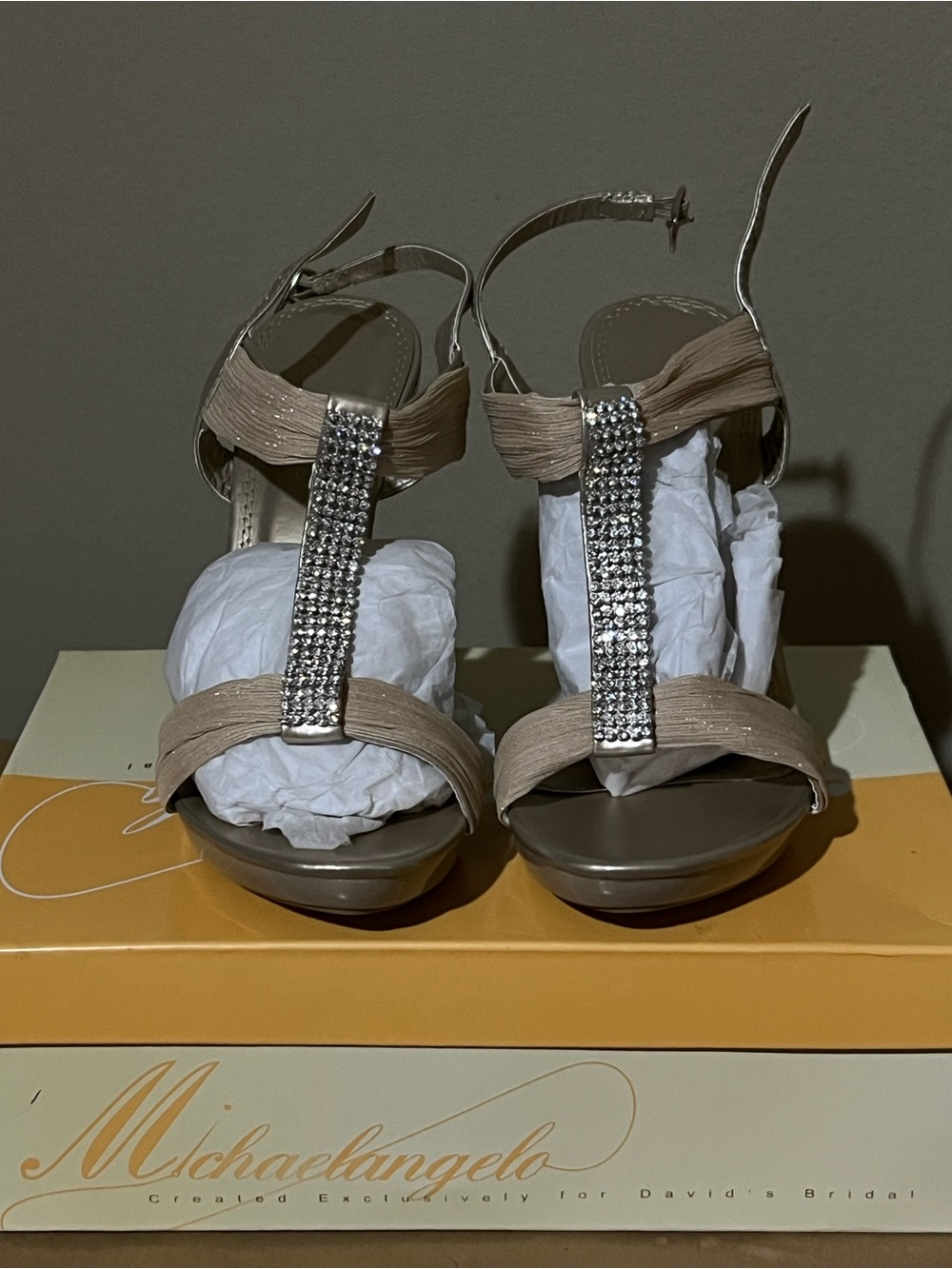 Michaelangelo Taupe T-Strap Rhinestone Dress Heels